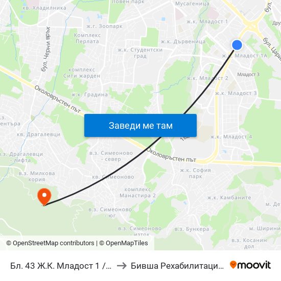 Бл. 43 Ж.К. Младост 1 / Bl. 43, Mladost 1 Qr. (0218) to Бившa Рехабилитационна База ""Драгалевци"" map