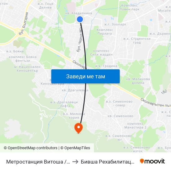 Метростанция Витоша / Vitosha Metro Station (2755) to Бившa Рехабилитационна База ""Драгалевци"" map