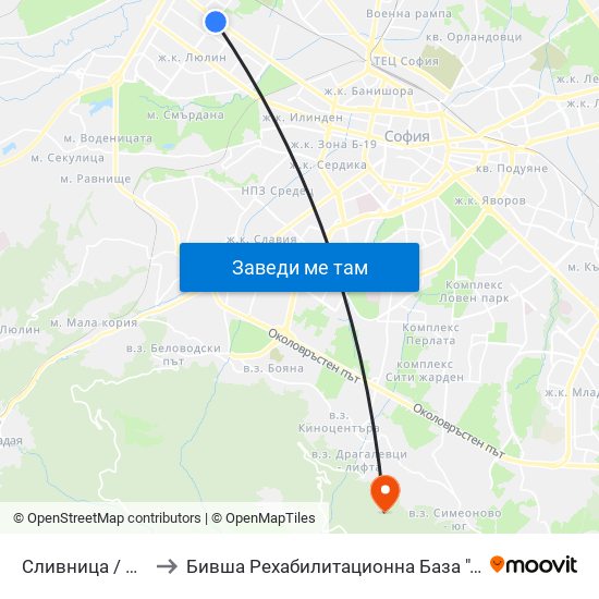 Сливница / Slivnitsa to Бившa Рехабилитационна База ""Драгалевци"" map