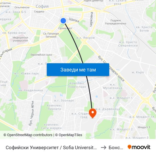 Софийски Университет / Sofia University (1700) to Бонсист map
