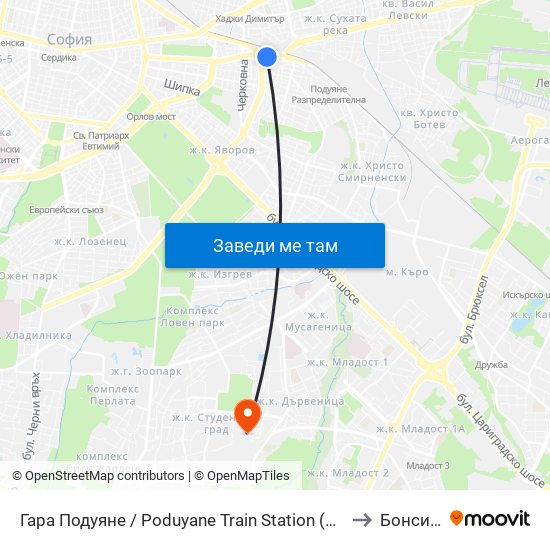 Гара Подуяне / Poduyane Train Station (0466) to Бонсист map