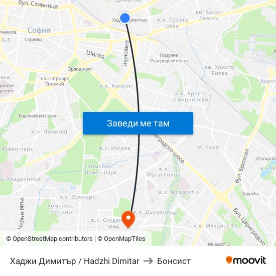Хаджи Димитър / Hadzhi Dimitar to Бонсист map