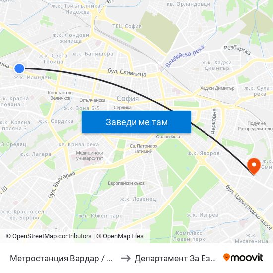 Метростанция Вардар / Vardar Metro Station (1047) to Департамент За Езиково Обучение - Ичс map
