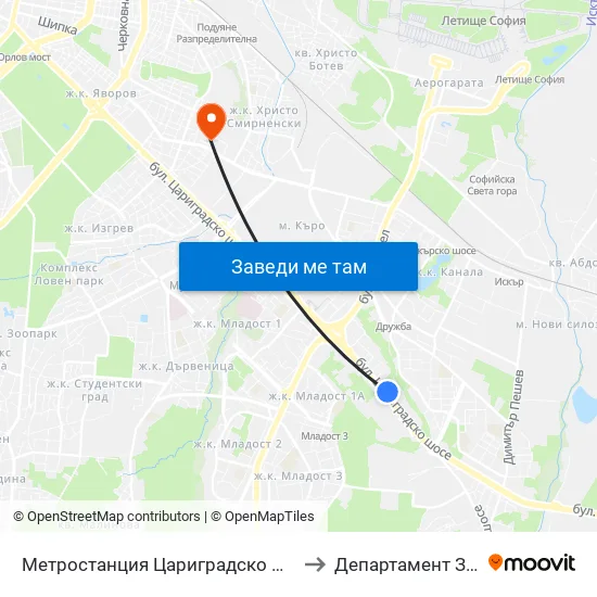 Ⓜ️ Метростанция Цариградско Шосе / Tsarigradsko Shosse Metro Station (1016) to Департамент За Езиково Обучение - Ичс map