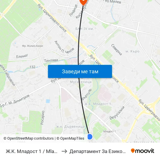 Ж.К. Младост 1 / Mladost 1 Qr. (0662) to Департамент За Езиково Обучение - Ичс map