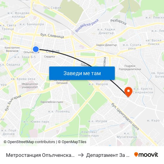 Метростанция Опълченска / Opalchenska Metro Station (1058) to Департамент За Езиково Обучение - Ичс map