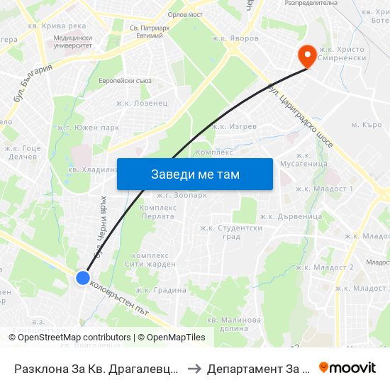 Разклона За Кв. Драгалевци / Fork Road To Dragalevtsi Qr. (1456) to Департамент За Езиково Обучение - Ичс map