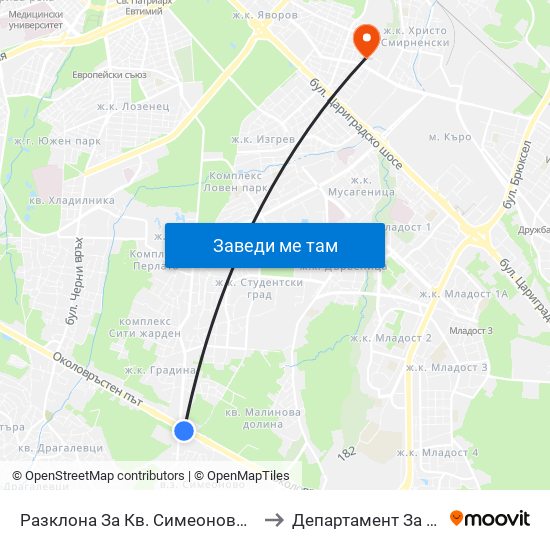 Разклона За Кв. Симеоново / Fork Road To Simeonovo Qr. (1459) to Департамент За Езиково Обучение - Ичс map