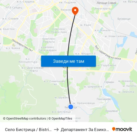 Село Бистрица / Bistritsa Village (1513) to Департамент За Езиково Обучение - Ичс map
