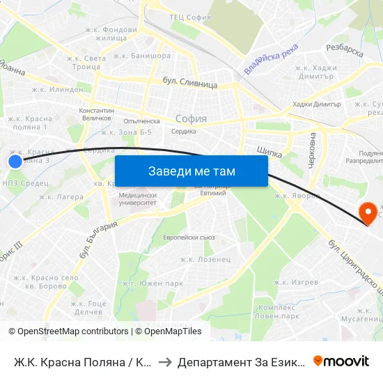 Ж.К. Красна Поляна / Krasna Polyana (0631) to Департамент За Езиково Обучение - Ичс map