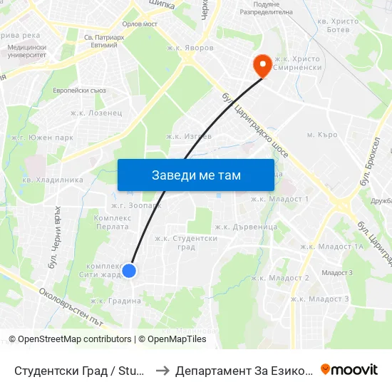 Студентски Град / Students' Town (2381) to Департамент За Езиково Обучение - Ичс map