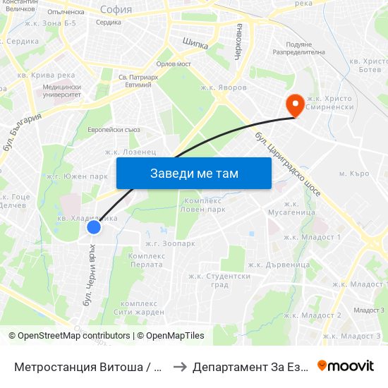 Метростанция Витоша / Vitosha Metro Station (2654) to Департамент За Езиково Обучение - Ичс map
