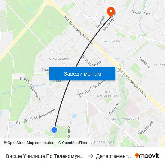 Висше Училище По Телекомуникации / University Of Telecommunications And Post (1396) to Департамент За Езиково Обучение - Ичс map