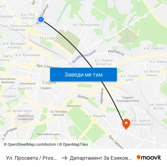 Ул. Просвета / Prosveta St. (2142) to Департамент За Езиково Обучение - Ичс map