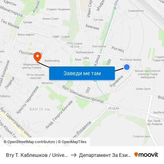 Вту Т. Каблешков / University Of Transport (2014) to Департамент За Езиково Обучение - Ичс map
