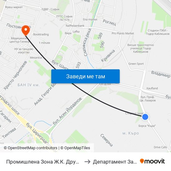 Промишлена Зона Ж.К. Дружба 1 / Industrial Zone Druzhba 1 Qr. (2724) to Департамент За Езиково Обучение - Ичс map