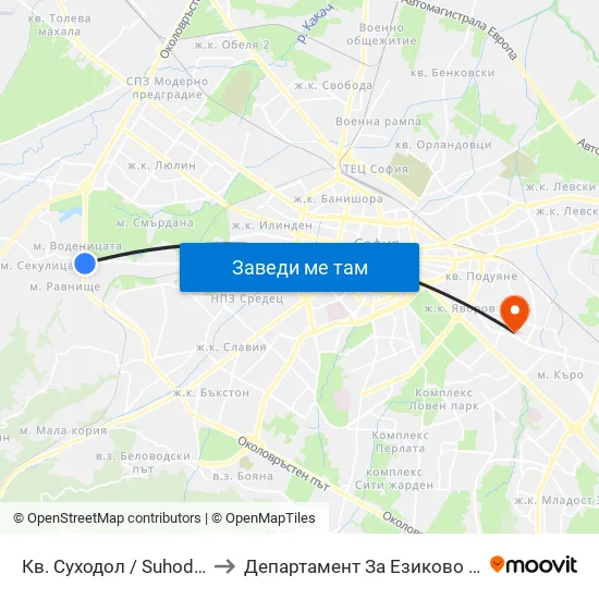 Кв. Суходол / Suhodol Qr.  (1173) to Департамент За Езиково Обучение - Ичс map