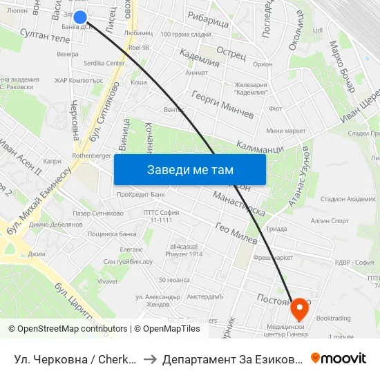 Ул. Черковна / Cherkovna St. (2258) to Департамент За Езиково Обучение - Ичс map