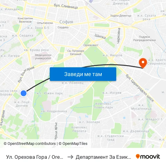 Ул. Орехова Гора / Orehova Gora St. (2088) to Департамент За Езиково Обучение - Ичс map