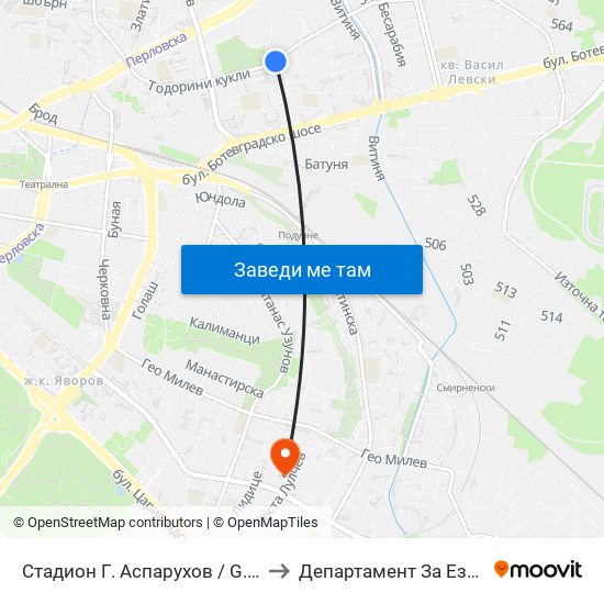 Стадион Г. Аспарухов / G. Asparuhov Stadium (1612) to Департамент За Езиково Обучение - Ичс map