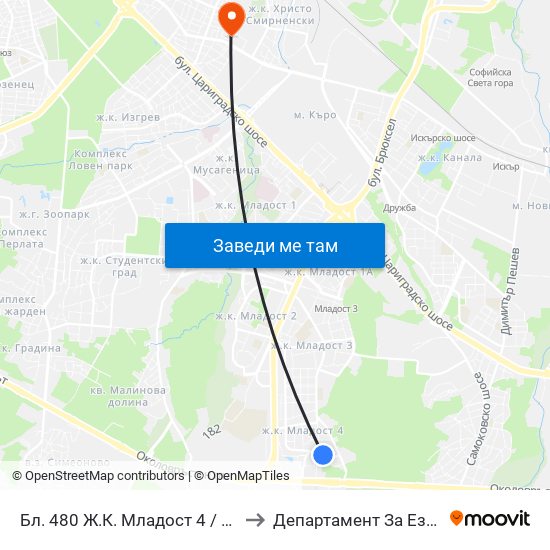 Бл. 480 Ж.К. Младост 4 / Bl. 480, Mladost 4 Qr. (2394) to Департамент За Езиково Обучение - Ичс map