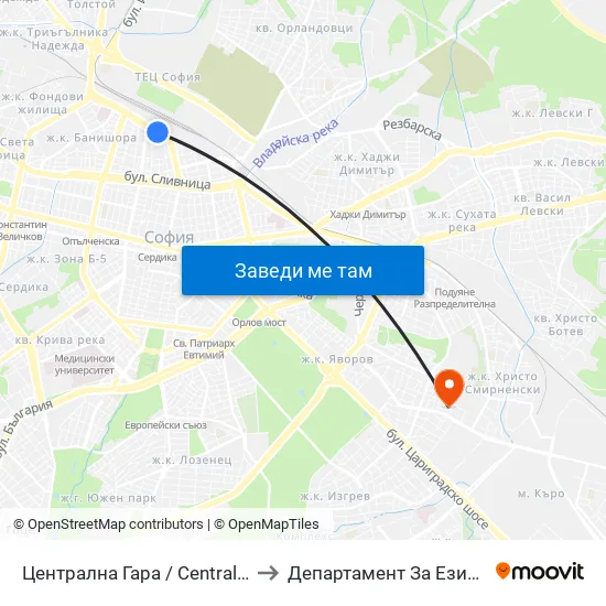 Ⓜ️ Централна Гара / Central Railway Station (1329) to Департамент За Езиково Обучение - Ичс map