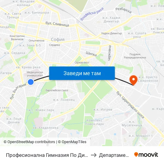 Професионална Гимназия По Дизайн Елисавета Вазова / Elisaveta Vazova High School Of Design (1739) to Департамент За Езиково Обучение - Ичс map