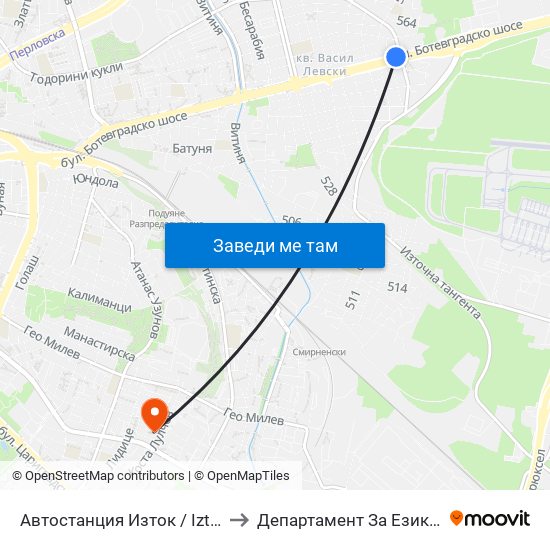 Автостанция Изток / Iztok Bus Station (2024) to Департамент За Езиково Обучение - Ичс map