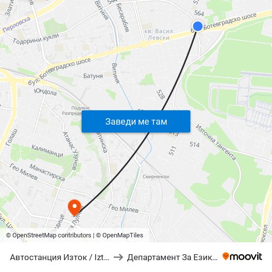 Автостанция Изток / Iztok Bus Station (0056) to Департамент За Езиково Обучение - Ичс map