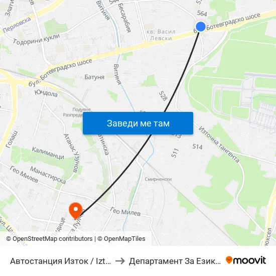 🚌 Автостанция Изток / Iztok Bus Station (0056) to Департамент За Езиково Обучение - Ичс map