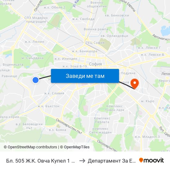 Бл. 505 Ж.К. Овча Купел 1 / Bl. 505, Ovcha Kupel 1 Qr. (0227) to Департамент За Езиково Обучение - Ичс map