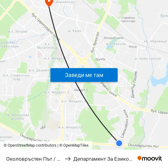 Околовръстен Път / Ring Road (1174) to Департамент За Езиково Обучение - Ичс map