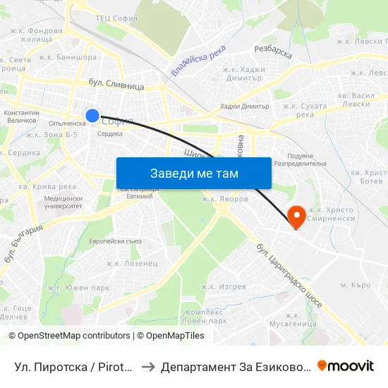 Ул. Пиротска / Pirotska St. (2113) to Департамент За Езиково Обучение - Ичс map