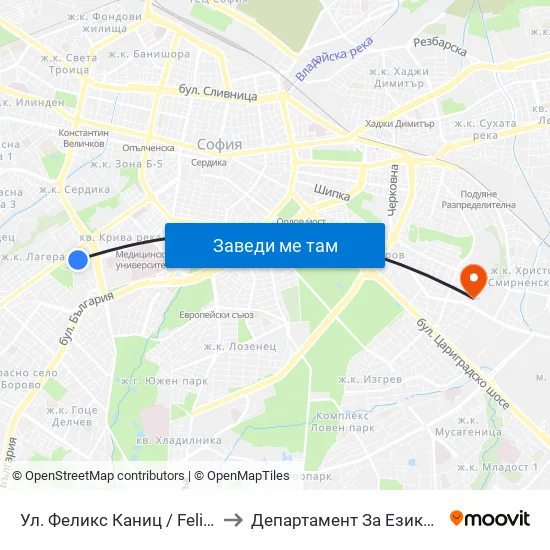 Ул. Феликс Каниц / Feliks Kanitz St. (2423) to Департамент За Езиково Обучение - Ичс map