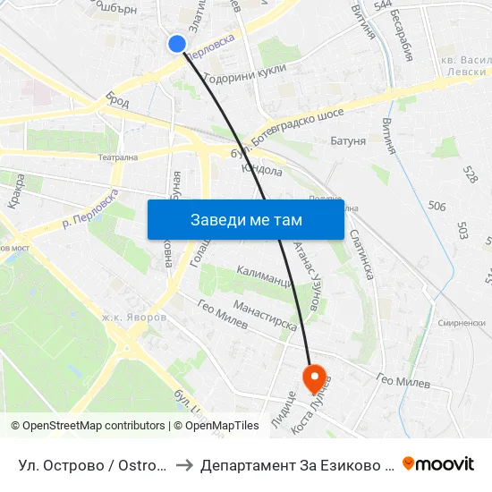 Ул. Острово / Ostrovo St. (2100) to Департамент За Езиково Обучение - Ичс map