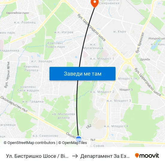 🛍️ Ул. Бистришко Шосе / Bistrishko Shosse St. (0865) to Департамент За Езиково Обучение - Ичс map