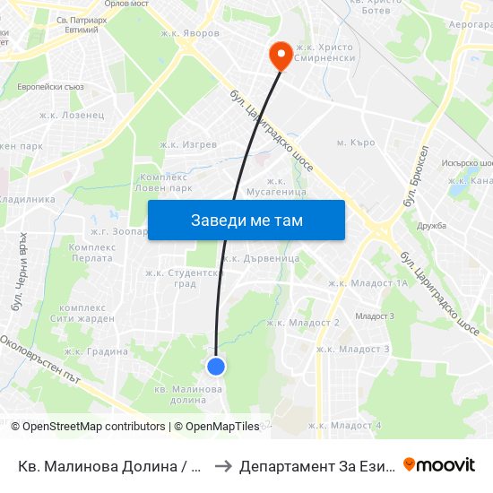 Кв. Малинова Долина / Malinova Dolina Qr. (0423) to Департамент За Езиково Обучение - Ичс map