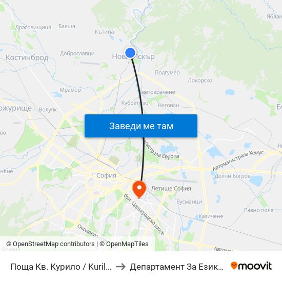 Поща Кв. Курило / Kurilo Post Office (1407) to Департамент За Езиково Обучение - Ичс map