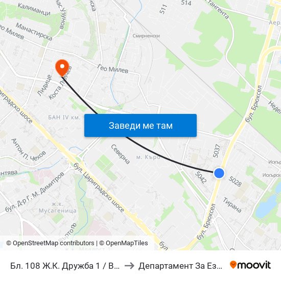 Бл. 108 Ж.К. Дружба 1 / Bl. 108, Druzhba 1 Qr.  (0129) to Департамент За Езиково Обучение - Ичс map