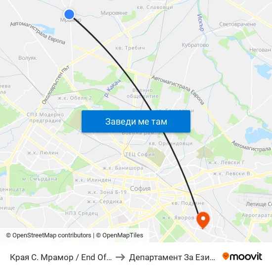 Края С. Мрамор / End Of Mramor Village (0439) to Департамент За Езиково Обучение - Ичс map