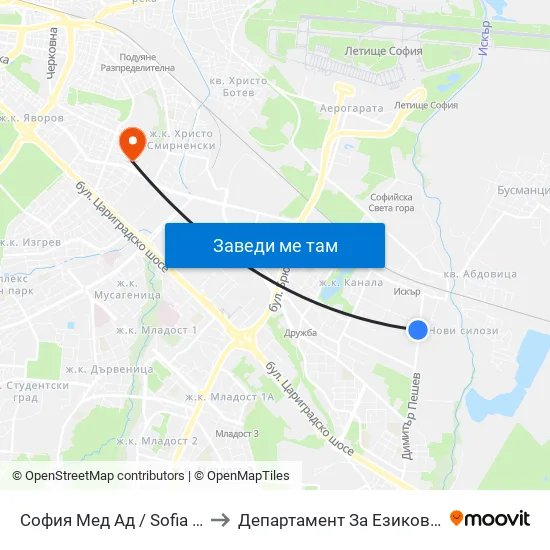 София Мед Ад / Sofia Med Jsc (0975) to Департамент За Езиково Обучение - Ичс map