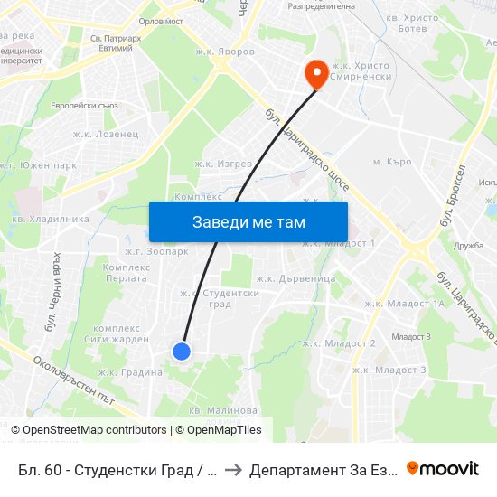 Бл. 60 - Студенстки Град / Bl. 60, Students' Town (2508) to Департамент За Езиково Обучение - Ичс map