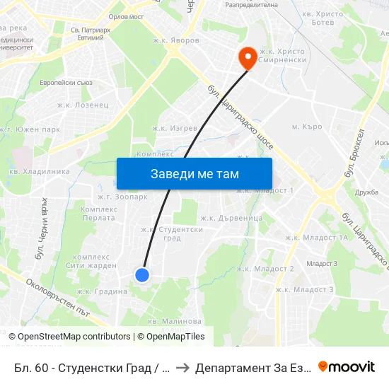 Бл. 60 - Студенстки Град / Bl. 60, Students' Town (2508) to Департамент За Езиково Обучение - Ичс map