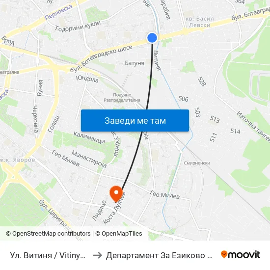 Ул. Витиня / Vitinya St. (1874) to Департамент За Езиково Обучение - Ичс map