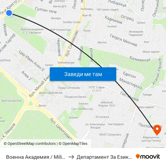 Военна Академия / Military Academy (0440) to Департамент За Езиково Обучение - Ичс map