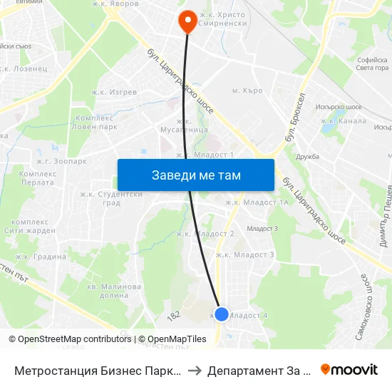 Ⓜ️ Метростанция Бизнес Парк / Business Park Metro Station (2374) to Департамент За Езиково Обучение - Ичс map