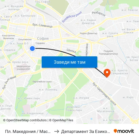 Пл. Македония / Macedonia Sq. (1282) to Департамент За Езиково Обучение - Ичс map