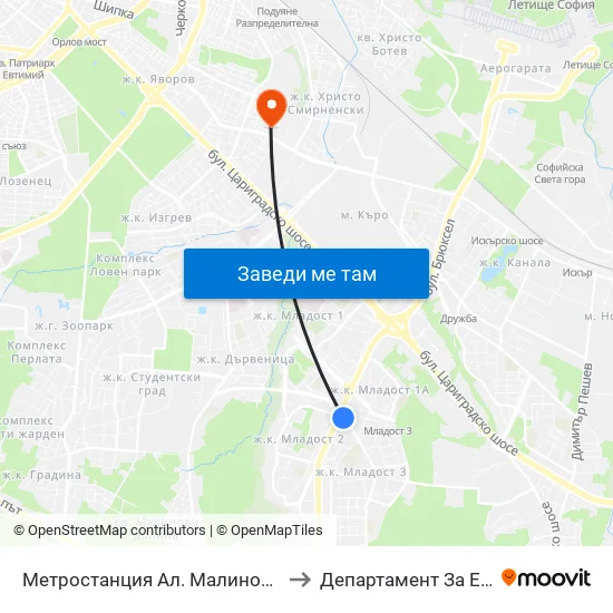 Ⓜ️ Метростанция Ал. Малинов / Al. Malinov Metro Station (2742) to Департамент За Езиково Обучение - Ичс map