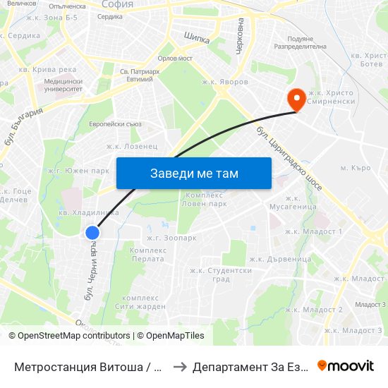 Метростанция Витоша / Vitosha Metro Station (2756) to Департамент За Езиково Обучение - Ичс map