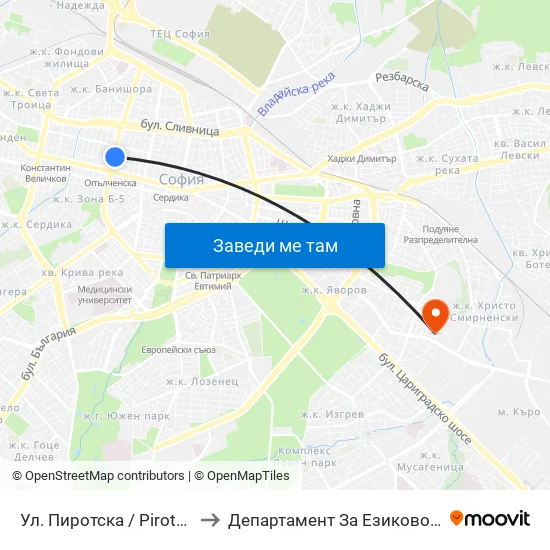 Ул. Пиротска / Pirotska St. (2114) to Департамент За Езиково Обучение - Ичс map